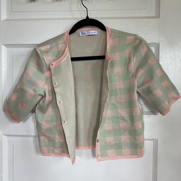 Zara green pink plaid short sleeve button up cardigan sweater, Sz M - Picture 2 of 9